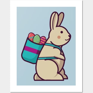 cute easter bunny with colorful eggs in basket backpack Posters and Art